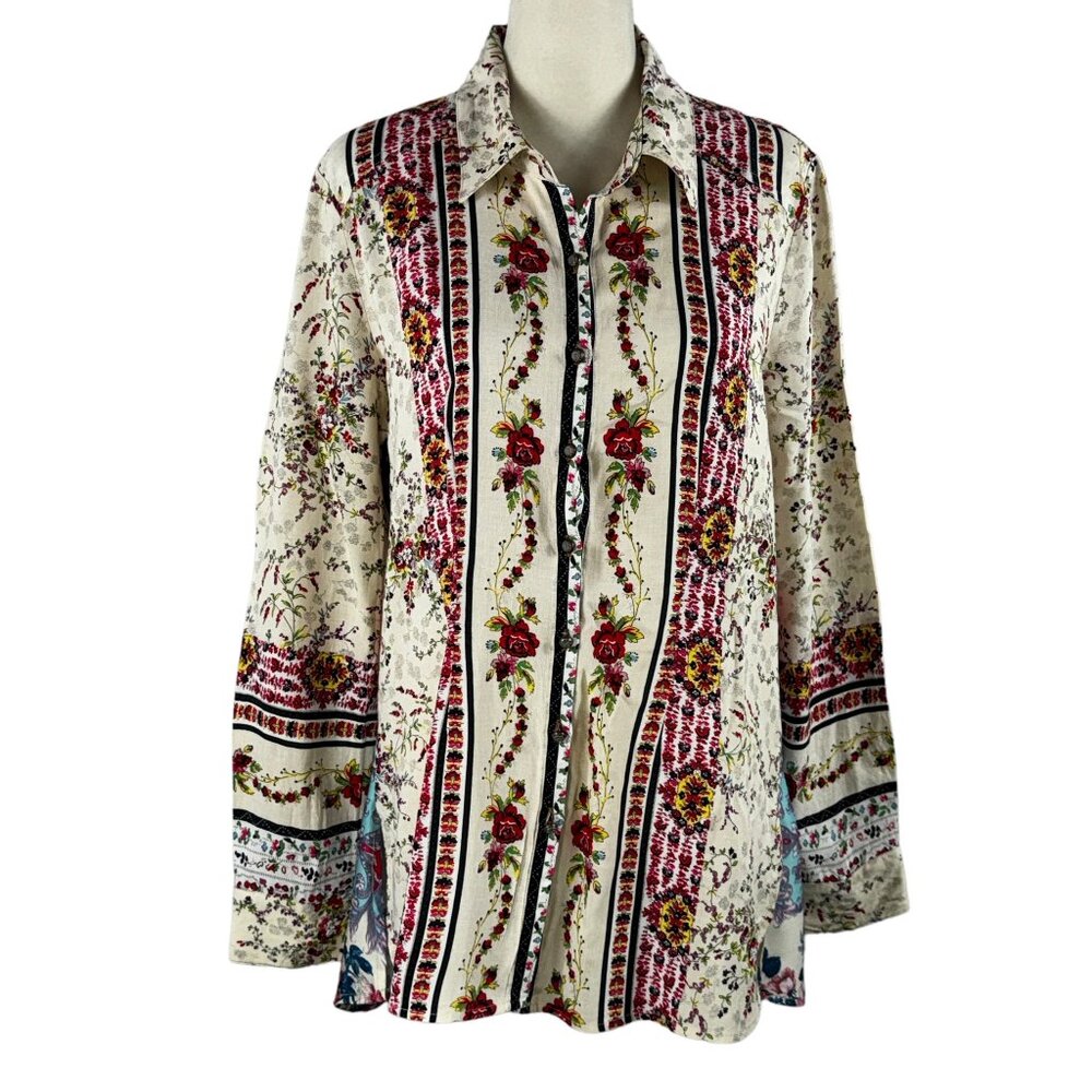 Graceful & Polished Cyrena Anthropologie Mixed Floral Rayon & Linen Blou…